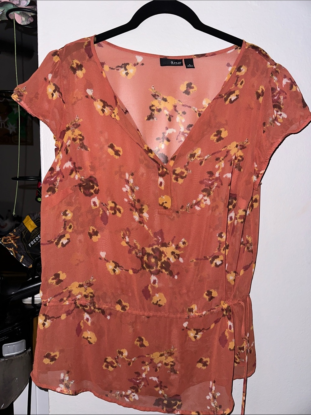 a.n.a Rust Orange Floral V-Neck Tie-Waist Blouse